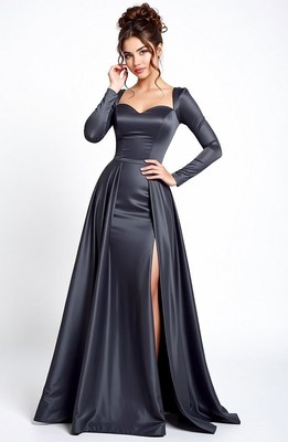 Woman in gray satin gown