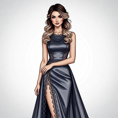 Woman in black lace slit gown