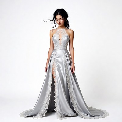 Woman in silver lace evening gown
