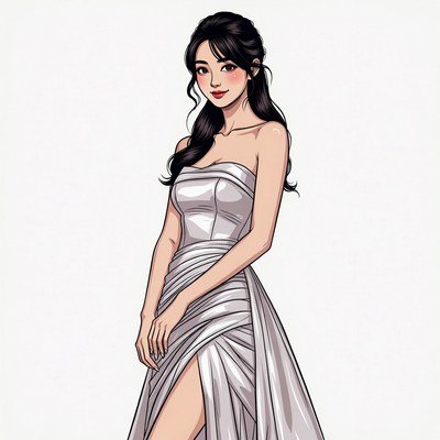 Asian woman in silver slit gown
