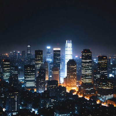 Night Skyline Cityscape with Skyscrapers
