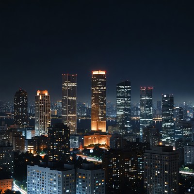 Night Skyline Cityscape with Skyscrapers