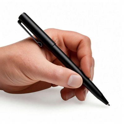 Hand holding black pen writing