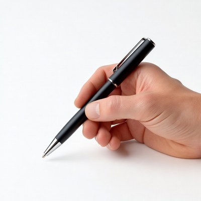 Man's hand holding black pen