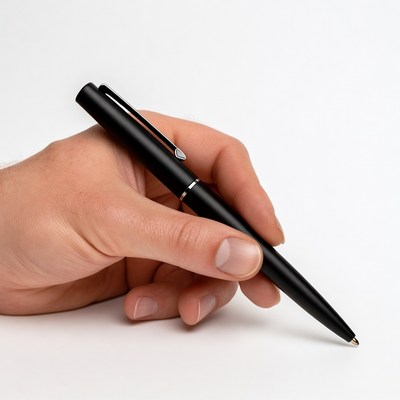 Man's hand holding black pen
