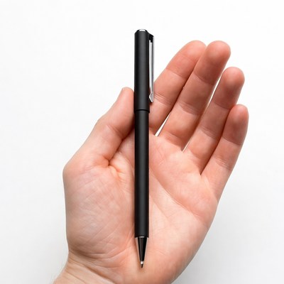 Hand holding black ballpoint pen