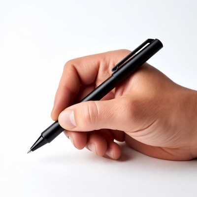Man's hand holding black pen