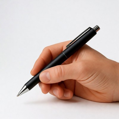 Hand holding black pen writing