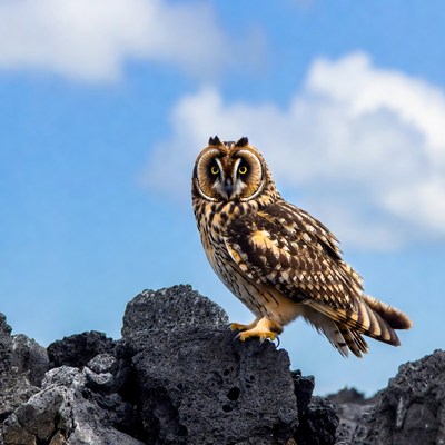 Short-eared owl on rocks