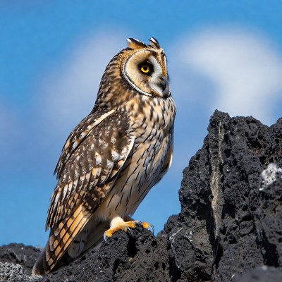 Short-eared owl on black rocks