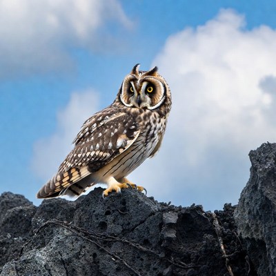 Short-eared owl on black rock