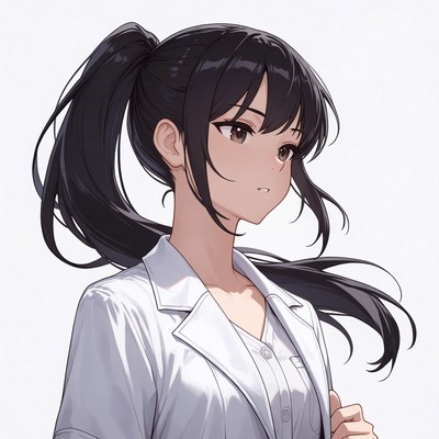 Anime girl with ponytail in white coat