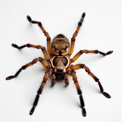 Brown huntsman spider on white background