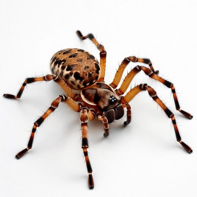 Brown huntsman spider on white background