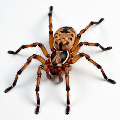 Brown huntsman spider on white background