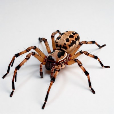 Spotted huntsman spider on white background