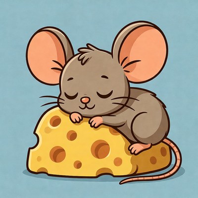 Cute sleeping mouse on cheese
