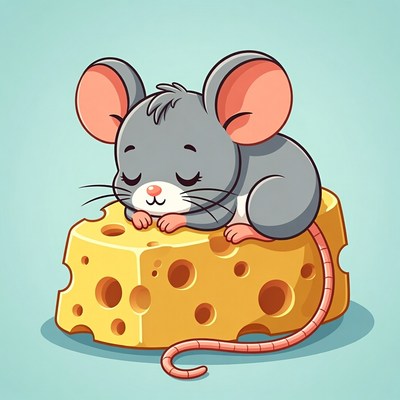 Cute sleeping mouse on cheese