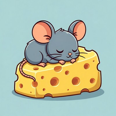 Cute sleeping mouse on cheese