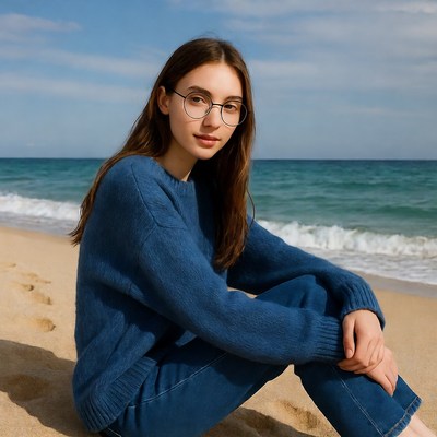 Young woman in blue sweater on beach