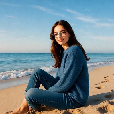 Young woman in blue sweater on beach