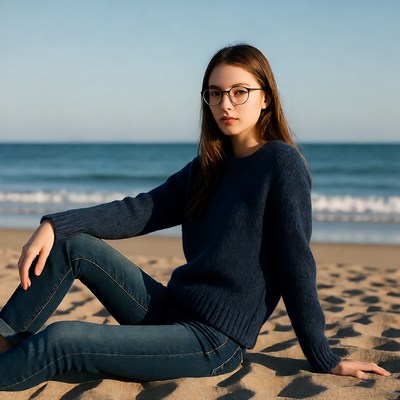 Young woman in navy sweater on beach