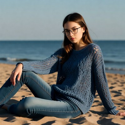 Young woman in blue sweater on beach