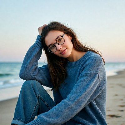 Woman in glasses sitting on beach