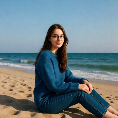 Woman in blue sweater on beach