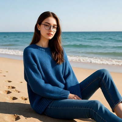 Woman in blue sweater on beach