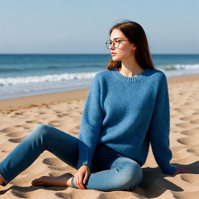 Woman in blue sweater sitting on beach
