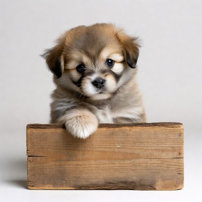 Puppy peeking over wooden sign