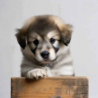 Cute puppy peeking over wooden box