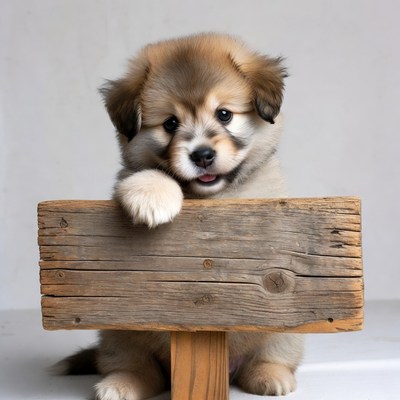 Cute puppy holding wooden sign