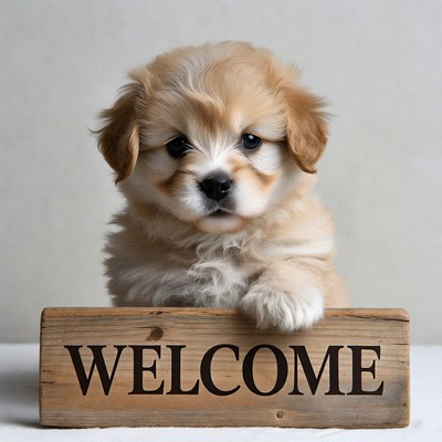 Puppy holding welcome sign