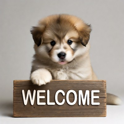Fluffy Puppy Holding Welcome Sign