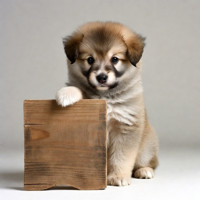 Fluffy Puppy Holding Blank Wooden Sign