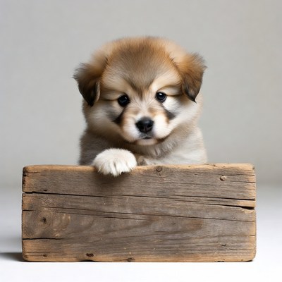 Fluffy puppy peeking over wooden sign