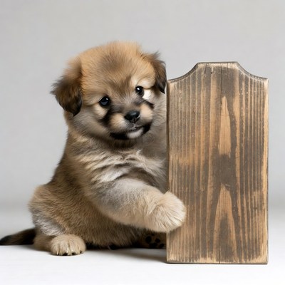 Puppy holding wooden sign