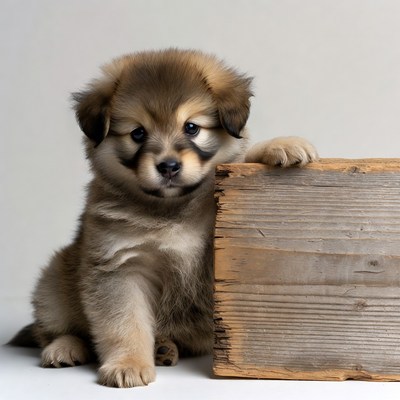 Fluffy puppy peeking over wooden crate