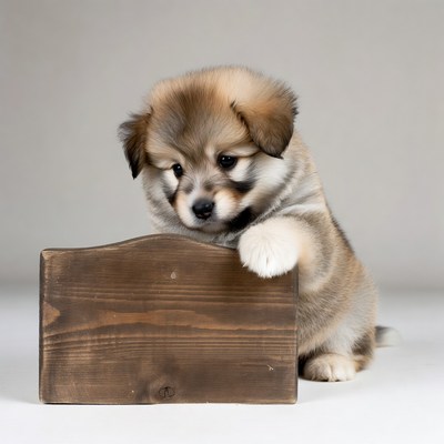 Puppy holding wooden sign