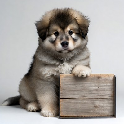 Fluffy Puppy Holding Blank Wooden Sign