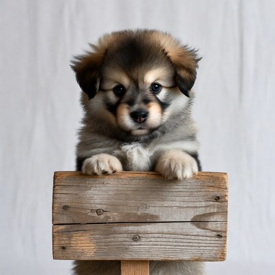 Fluffy puppy standing on wooden sign