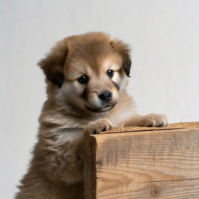 Fluffy puppy peeking over wooden edge