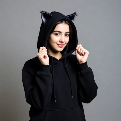Woman in black cat ear hoodie
