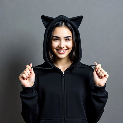 Asian woman in cat ear hoodie