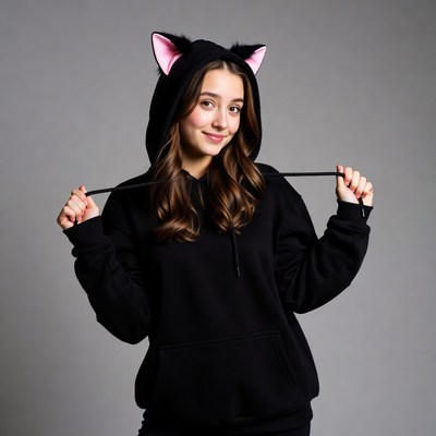 Girl in black cat hoodie with ears