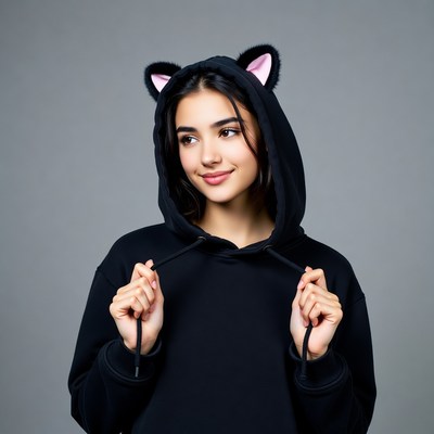 Woman wearing black cat ear hoodie