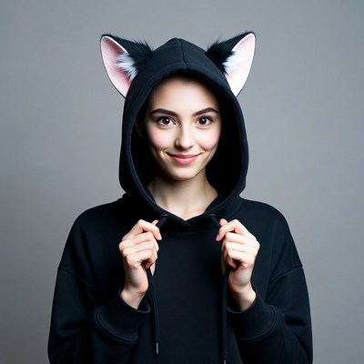 Woman in black cat ear hoodie