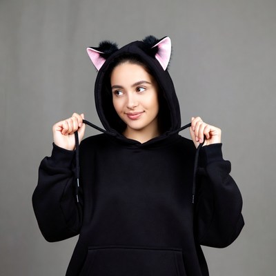 Woman wearing black cat ear hoodie